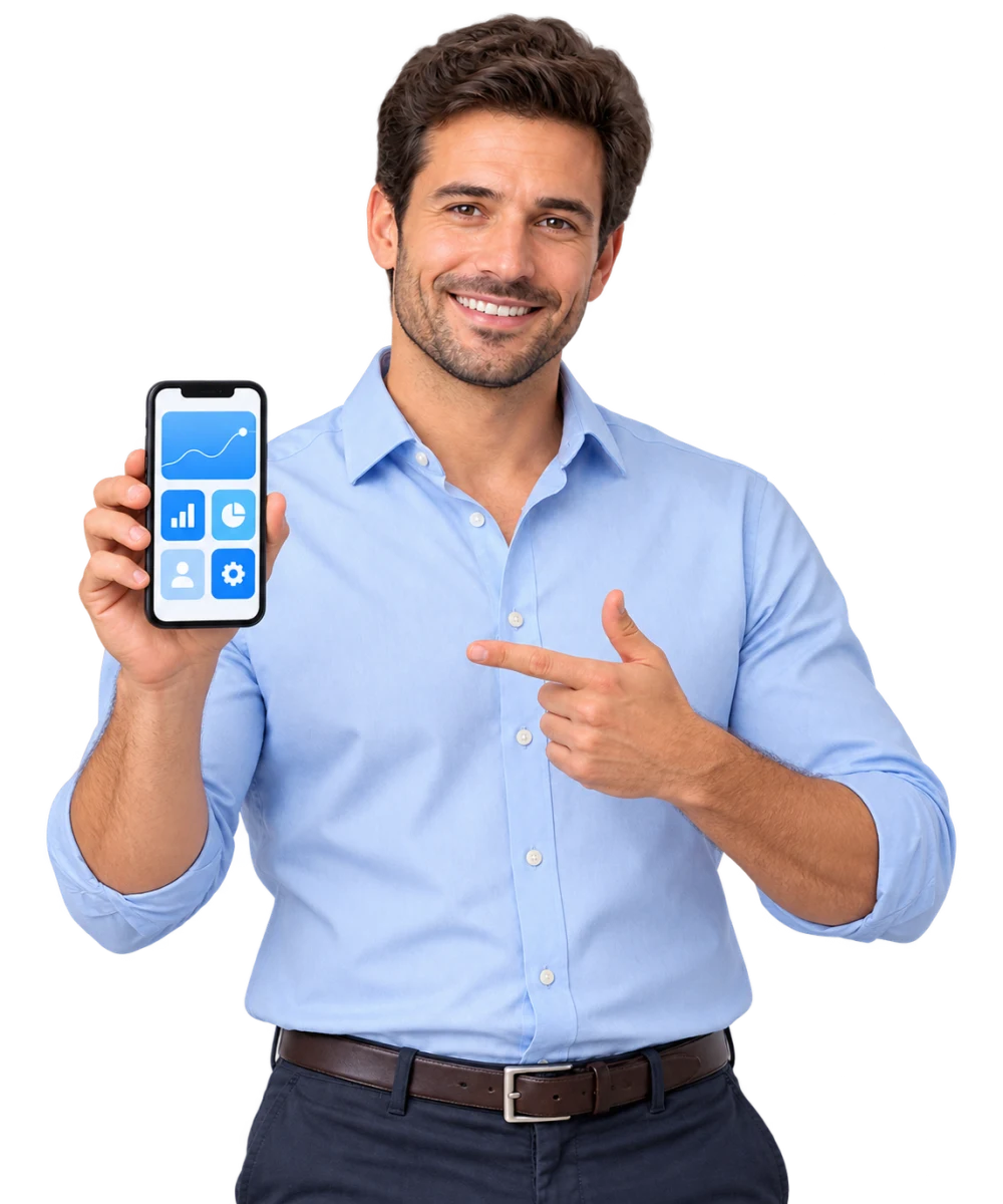 Consultor segurando um celular na mão direita e apontando para a tela com a mão esquerda