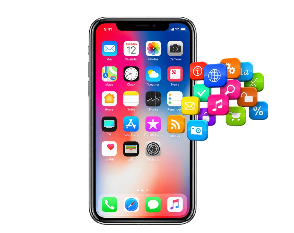Smartphone com aplicativos e ícones de funcionalidades