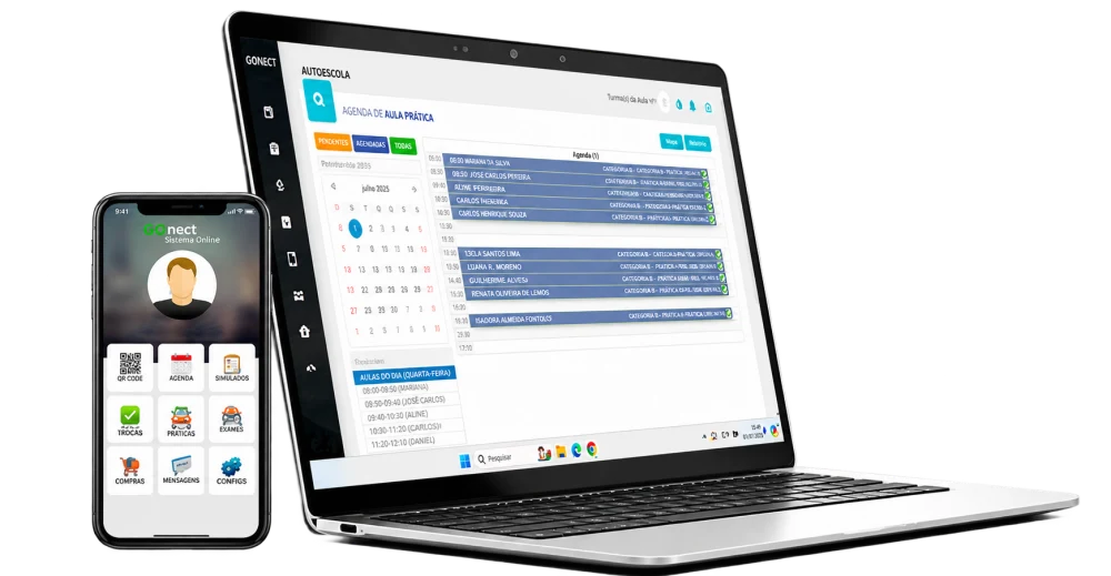 Notebook e celular com o sistema Gonect integrado